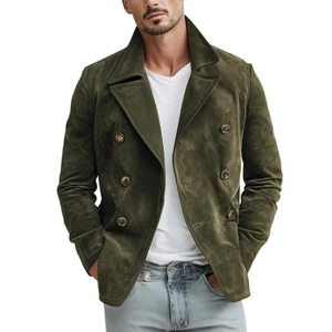 Mens Khaki suede leather Trucker jacket pure suede slim fit Shirt biker jacket L - Picture 1 of 4