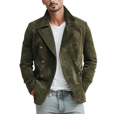 Mens Khaki suede leather Trucker jacket pure suede slim fit Shirt biker jacket L - Image 1 of 4