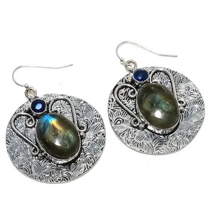 Labradorite, Blue Topaz Gemstone 925 Sterling Silver Jewelry Earring 1.85" - Picture 1 of 5