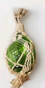Green Glass Bottle in Cream Fitted Macrame Hanger 22" L  - Picture 1 of 8