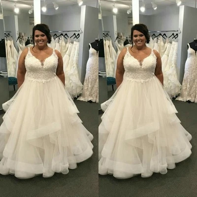 Plus Size Wedding Dresses V Neck Ruffles Lace Appliques Sweep Train Bridal Gown - Image 1 of 4