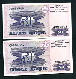 Bosnien & Herzegowina (P47) 50 Dinara 1995 x 2 aufeinanderfolgende UNC - Bild 1 von 2