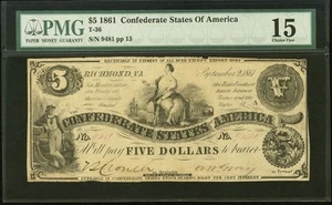 T-36 5 $ 1861 Konföderierte Staaten Bürgerkrieg veraltete Banknote Währung, PMG ChF 15 - Bild 1 von 5