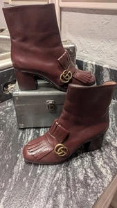 Gucci Marmont Burgundy Kiltie ankle boots W/Gold GG logo Sz 41 (10-11) - Picture 1 of 9