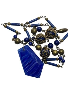 Art Deco antique blue & gold tone beaded y lariat necklace vintage - Picture 1 of 17