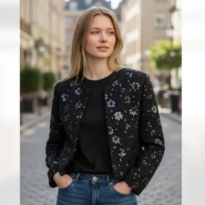 NEW ZARA Black Flower Sequin Blazer Jacket  1689/399 Stylish Classic Chic Glam M - Image 1 of 4