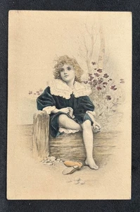 M.M. VIENNE HAND COLORED FRENCH POSTCARD-BLOND BOY WEARS VELVET & LACE CLOTHES - Picture 1 of 3