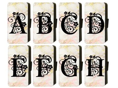 Personalised INITIALS iPhone BLACK FLORAL LETTER Wallet Flip Phone Case Galaxy. - Image 1 of 4