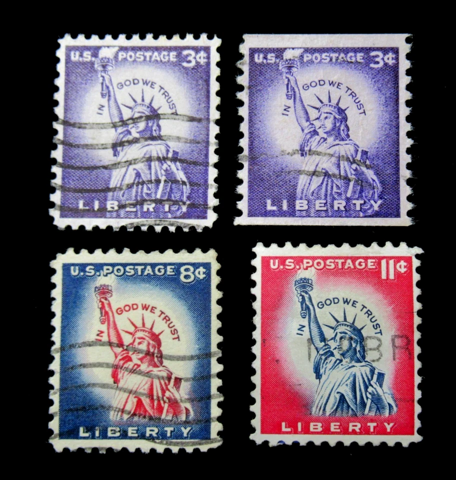 US Postage Stamp Sc 1035 1041 1044 and 1057 Liberty Issue 1954 Set of 4 Used - Image 1 of 3