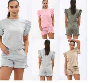 Womens Ladies Frill Peplum Short Sleeve Top Shorts 2PCS Co ord Set Tracksuit - Picture 1 of 26