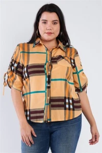 JR. PLUS SIZE MUSTARD YELLOW PLAID CINCH SLEEVE BUTTON FRONT TOP - Picture 1 of 4