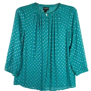 Liz Claiborne Career Womens Size L Blouse Button Down Green Golden Dots - Picture 1 of 12