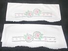 Vtg Embroidered Circle Flowers Pillowcases (2) White Pink Green Black 20? x 26?