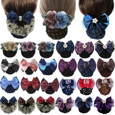 Women Hair Clip With Net Bun Cover Bow Barrette Snood Hairnet Hair Accessories - Image 1 of 4