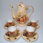 Aynsley Bone China Orchard Gold Fruit Coffee Pot & 4 Demitasse Cup Saucer Sets