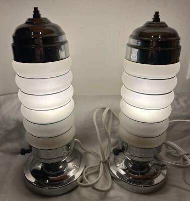 PAIR OF TWO ART DECO ATOMIC MCM CHROME & FROSTED GLASS BOUDOIR LAMPS # 6983 - Image 1 of 4