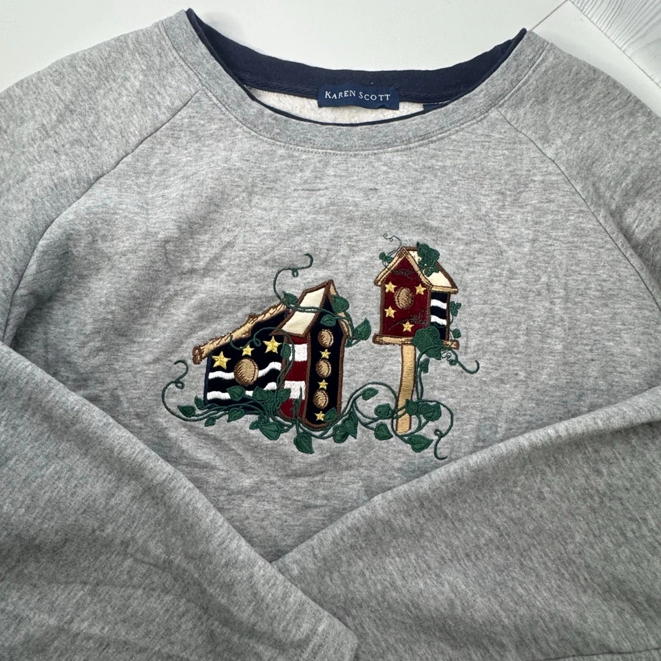 Sudadera De Colección Karen Scott Para Mujer L Gris Patriótica Americana Y2k Foto 1 de 4