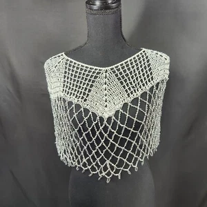 Scialle Poncho Pullover Bianco Boho Perline Uncinetto Nuovo Senza Senza Etichette - Foto 1 di 8