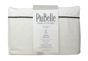 PiuBelle Portugal QUEEN Supreme Cotton Luxury White Sheet Set Black Stitching - Picture 1 of 2