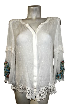 Camisa CHICO'S Top Mediana (1) Off White Encaje Punto Suizo Gasa con Bordado Cuentas Foto 1 de 4