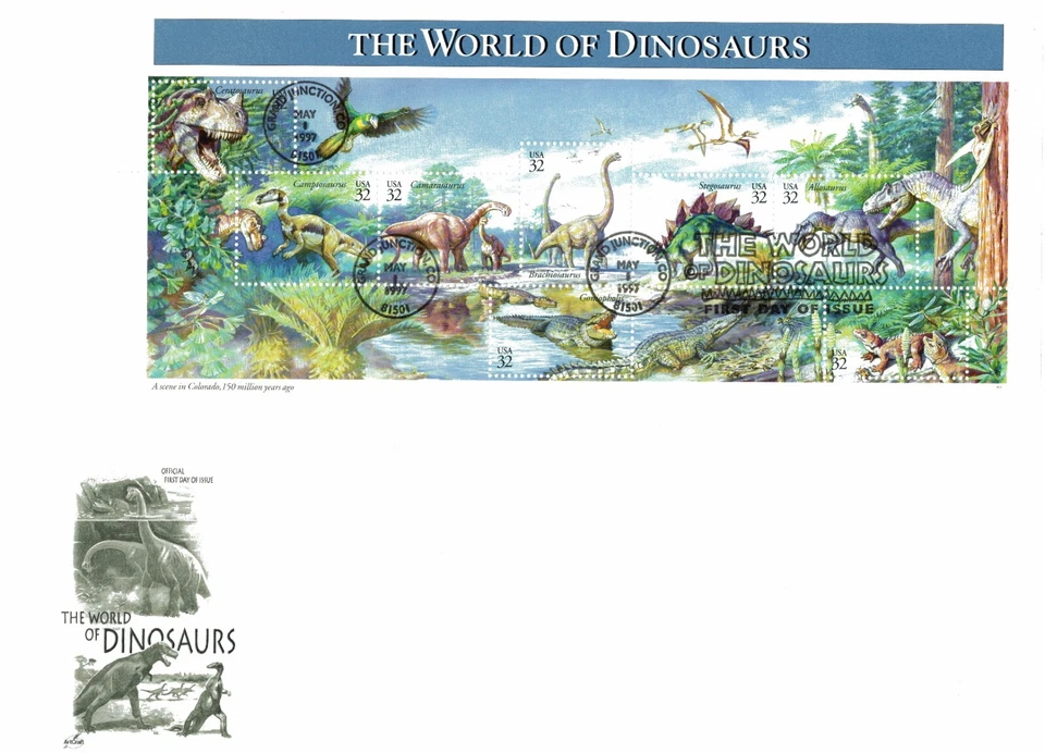 FDC # 3136 a-h World of Dinosaurs Pane of 8 ArtCraft Cover 1997 Large Format - Image 1 of 3