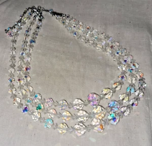  Vintage Aurora Borealis Sparkly Crystal Beaded 3 Strand Necklace 18" - Picture 1 of 4