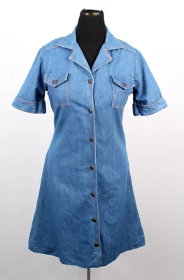 Винтажный женщин 70-х джинсовой ткани на пуговицах платье 1970-х Sz L груди карманы с манжетами рукава - Изображение 1 из 4