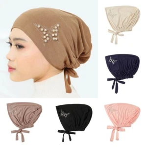 New Female Turban Cap Muslim Pearl Butterfly Solid Color Hat Elasticity Wrap Cap - Picture 1 of 23