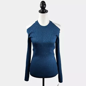 INC International Concepts Sweater L Cold Shoulder Ribbed Knit Metallic Teal NEW - Picture 1 of 11