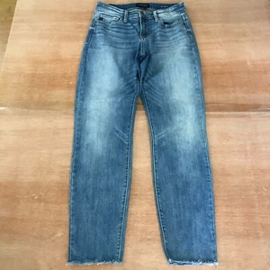 Judy Blue Relaxed Fit Jeans Women 5/27 Blue Mid Rise Medium Wash Raw Hem Stretch - Picture 1 of 13