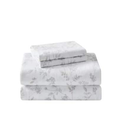 Fawna Flannel 4-Piece Gray Floral Cotton Queen Sheet Set - Image 1 of 4