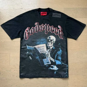 NOWY Męski Godspeed Szkielet do czytania gazet nadruk Koszulka Washed T-shirt 2 kolory - Zdjęcie 1 z 18