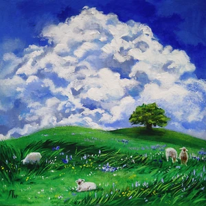 Original Gemälde 10x10 Landschaft Landschaft Höllen Baum und Schafe - Bild 1 von 7