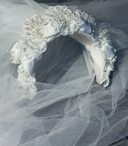 Vintage Bianchi Bridal Satin Sequin Beaded Floral Buds Headband Veil Headpiece - Picture 1 of 9