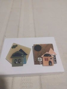 2 House Pins By Lucinda Brooch For Sale Sign Night Scene Moon & Clouds House - Picture 1 of 2