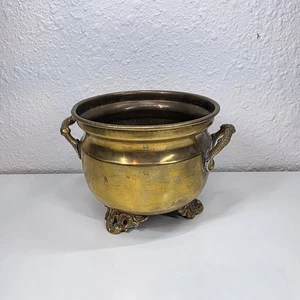 Vintage Brass Pot Planter With Ornate Feet And Handles Small Decorative Bowl - Picture 1 of 8