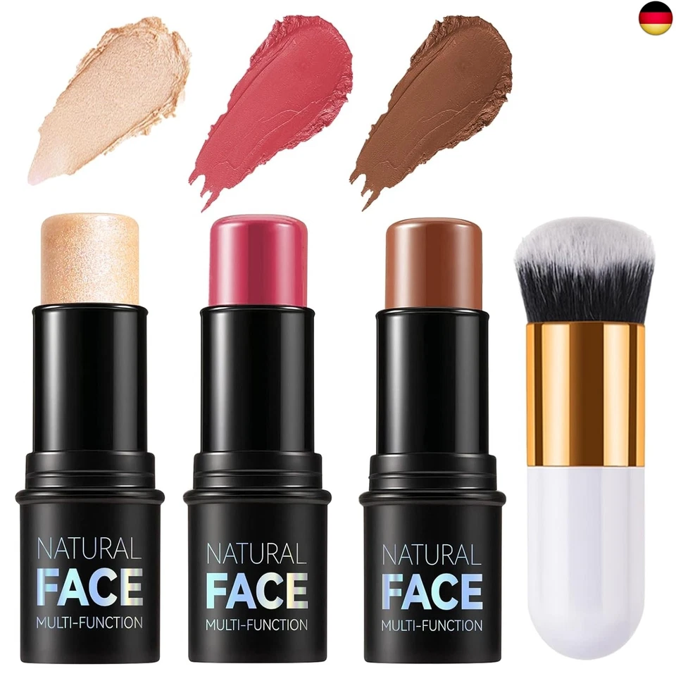 ELALRAU 3Pcs Contour Highlighter Blush Sticks mit Pinsel - Creme Contour Bronzer Stick