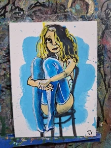 On A Chair Woman Acrylic Woman ATC OOAK ORIGINAL 3.5 x 2.5 inches - Picture 1 of 3