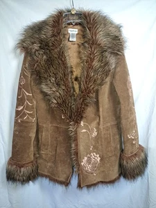 Women's Vintage Embroidered Faux Fur Trim Suede Leather Tan Jacket/ Size 16 - Picture 1 of 9