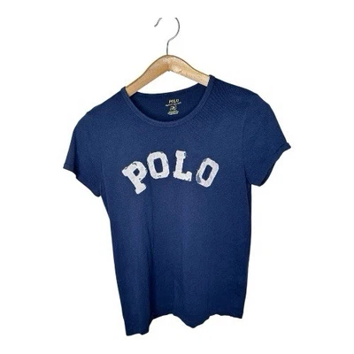 Polo Ralph Lauren T-shirt Size Large Distressed Logo Patches Navy Blue - Image 1 of 4