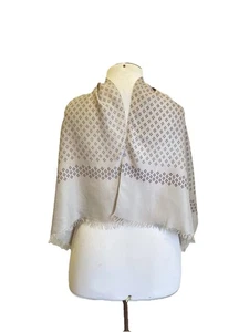 H75# Vintage Gray Silk Wool Scarf Geometric Pattern Square Fringe Edge Italy - Picture 1 of 4