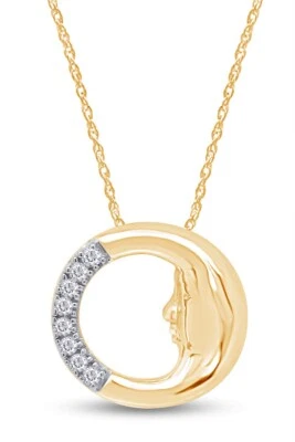 Collar colgante de luna con detalles de diamantes redondos naturales de 18" de oro amarillo macizo de 14K Foto 1 de 4