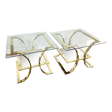1970's Vintage Hollywood Regency Gold Brass, Glass and Mirror Side Tables - Set