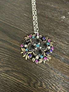 Vintage Multi Colored Rhinestone Pendant on Silver Tone Chain, Marked - Picture 1 of 5