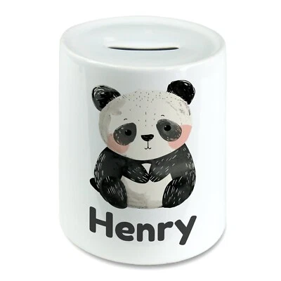 Personalised Cute Watercolour Panda Kids Savings Money Box Piggy Bank Name - Image 1 of 2