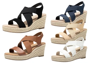 Women Elastic Ankle Strap Espadrilles Wedge Sandals Open Toe Casual Sandals - Picture 1 of 38