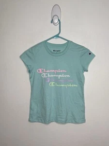 Champion Logo Top Girls Size Medium 10-12 Turquoise Pastel Short Sleeve Shirt - Picture 1 of 4