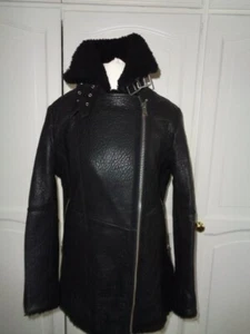 WHISTLES BLACK REAL LEATHER BIKER STYLE SHEEPSKIN COLLAR COAT UK 12 RRP £549 - Picture 1 of 15