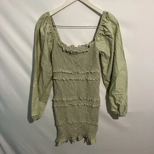 Topshop Shirred Long Sleeve Mini Dress Sage Green Size 10 - Picture 1 of 4