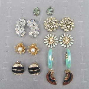 Vtg Clip On Earring Lot 8 Pairs AB Crystal Enamel Moss Jade Faux Pearl - Picture 1 of 10